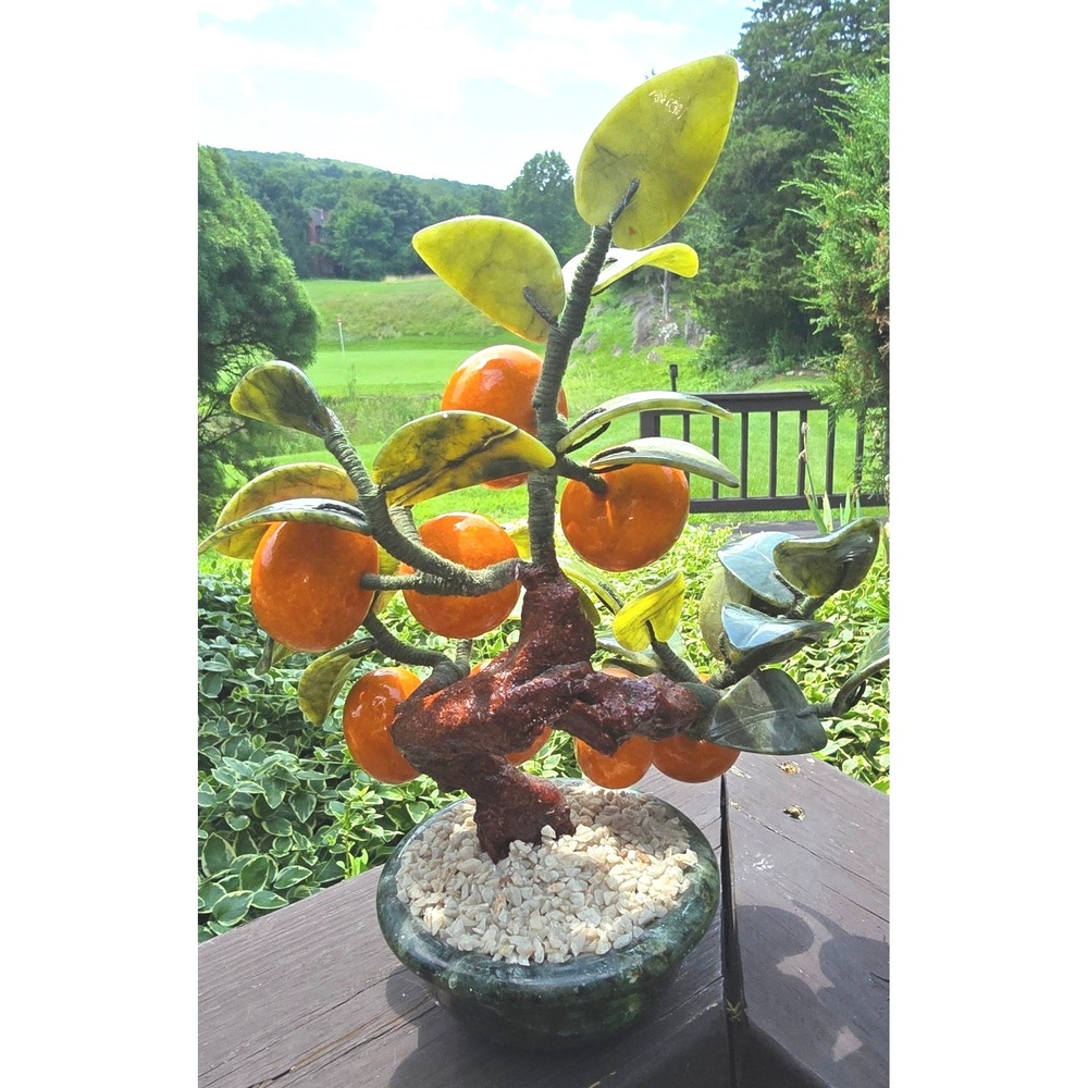 Vintage Chinese Glass Jade Agate Orange Persimmon Bonsai Tree Carved Pot - Picture 5 of 9